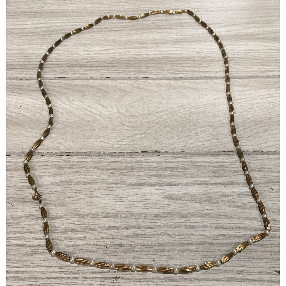 Goldtone 36" Necklace w/ Faux Pearls Textured Vintage